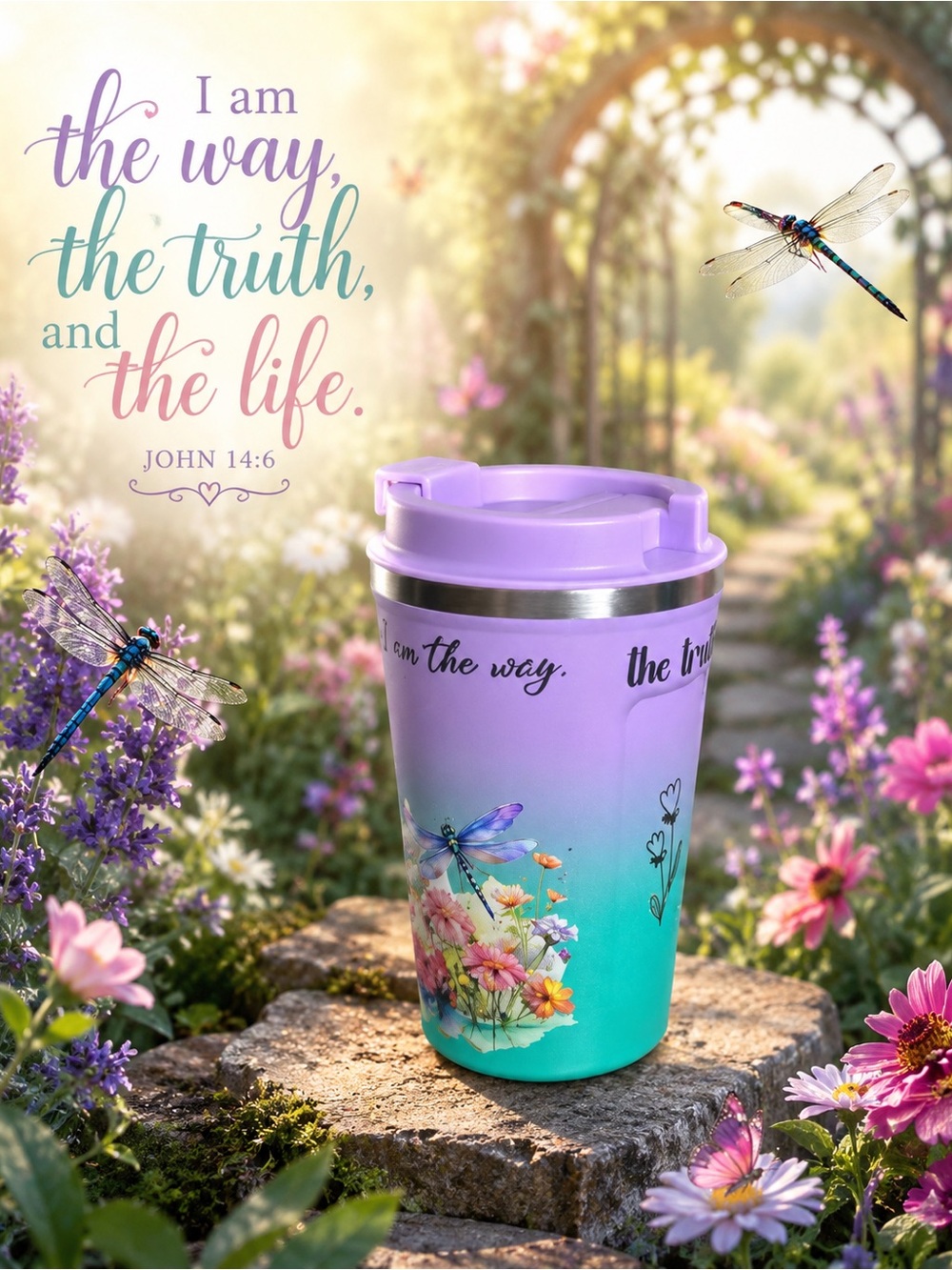Lavender Teal Gradient Dragonfly Travel Mug - Inspirational Quote